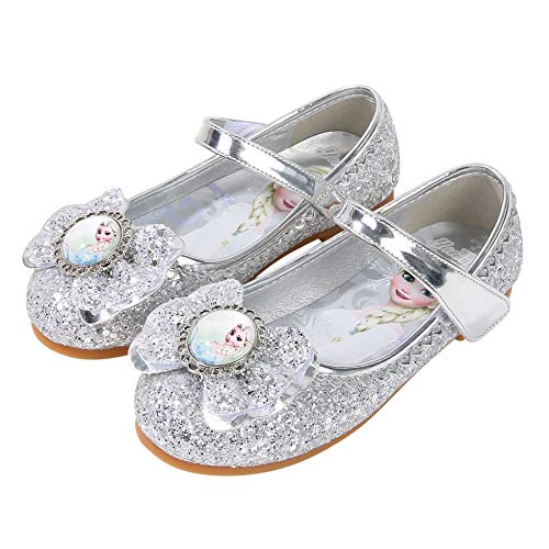 YOSICIL Zapatos de la Princesa Elsa niñas con Lentejuela Zapato de Disfraz Elsa Frozen de Princesa Disfraz Sandalias con Velcro Tacón Zapatos de Fiesta Halloween Cumpleaños Azul EU22-35,Plata，28