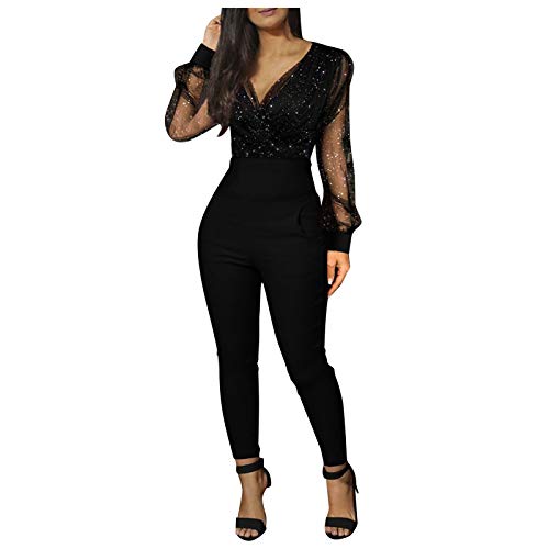 YTZL Mono elegante de manga larga para mujer, para fiestas, cuello en V, sexy, elegante, para bodas, monos de una pieza, monos de encaje, traje de club, ropa ajustada, ropa de fiesta., AAAblack, M