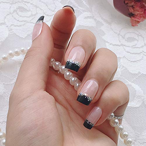 YUNAI French Nails falsos uñas de uñas con negro y brillo Top Artificial Uñas para Daily Wear Uñas de tamaño medio-largo