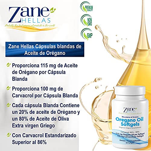 Zane Hellas Aceite de orégano Softgels. Cada cápsula contiene un 20% de aceite esencial de orégano griego. 100 mg de Carvacrol por cápsula blanda.60 cápsulas.