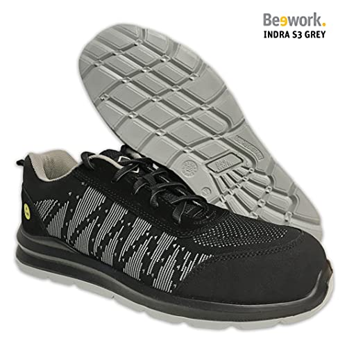 Zapatos de Seguridad Hombre Mujer Homologado. Suela Antiestática y Puntera Fibra Vidrio. Calzado Seguridad Deportivo Indra S3 BEEWORK Unisex (Gris, Numeric_45)