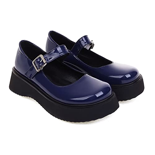 Zapatos Mary Jane para Mujer clásico PU Cuero Punta Redonda Plataforma Planas con Correa en el Tobillo de Hebilla Princesa Lolita Zapatos,Dark Blue,34 EU