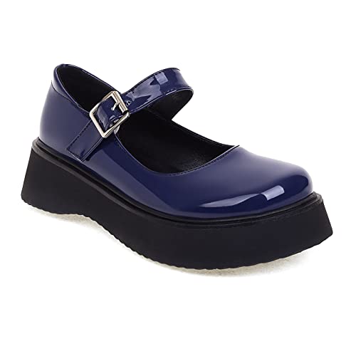 Zapatos Mary Jane para Mujer clásico PU Cuero Punta Redonda Plataforma Planas con Correa en el Tobillo de Hebilla Princesa Lolita Zapatos,Dark Blue,34 EU