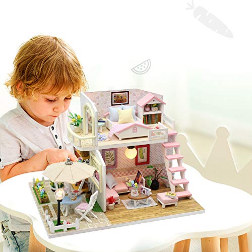 Zerodis- Casa de la Princesa cabaña ensamblada a Mano, casa de muñecas Hecha a Mano en Miniatura de Madera Muebles de Dormitorio de artesanía casa de muñecas para niños