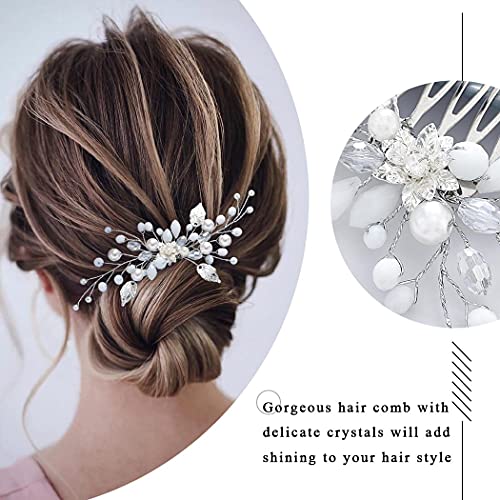 Zoestar flor peinetas para el cabello de boda perla plateada tocado de novia con cuentas accesorios para el cabello para mujeres y niñas