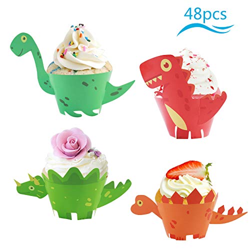 ZoomSky Cupcake de Dinosaurio, 48 Sets Envoltorios de Pastel Estegosaurio Tiranosaurio Triceratops Plesiosaurio Suministros de Fiestas Temáticas Jurásico Baby Shower Carnaval