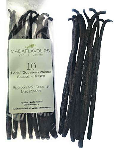 10 vainas de vainilla premium Madagascar Gourmet vanilla grade A, Bourbon negro de Madagascar, 14/17 cm de largo peso neto 40+g en un paquete de vacio de sello