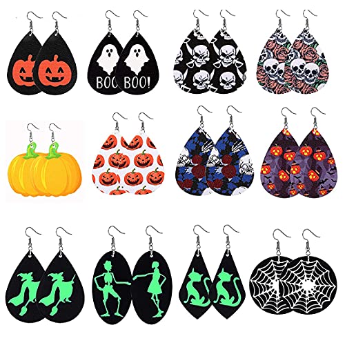 12 Pares Halloween Pendiente para Mujeres Hippies Goticos Calavera Pendiente Punk Telarañas Calabazas Murcielagos Pendientes de Halloween Fiesta de Tema Halloween