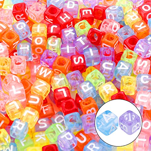 1400 cuentas de acrílico de 5 colores con forma de cubo de alfabeto con 1 rollo de cuerda de cristal de 50 m para fabricación de joyas (6 mm)
