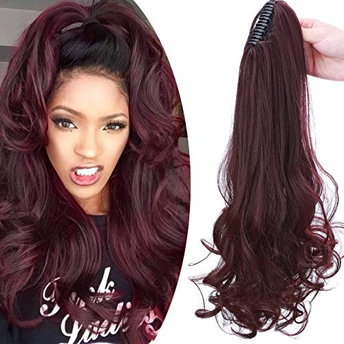 18"(45cm) SEGO Coleta Postiza con Pinza Pelo Sintético Se Ve Natural [Vino Rojo] Extensiones de Cabello Clip Cola Lisa con Poca Ondulada en Las Puntas Ponytail Extension (150g)