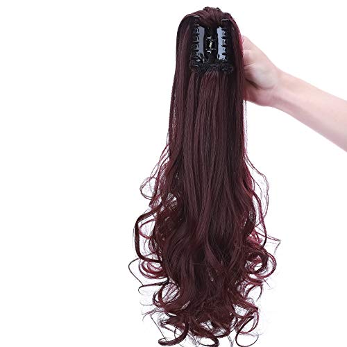 18"(45cm) SEGO Coleta Postiza con Pinza Pelo Sintético Se Ve Natural [Vino Rojo] Extensiones de Cabello Clip Cola Lisa con Poca Ondulada en Las Puntas Ponytail Extension (150g)