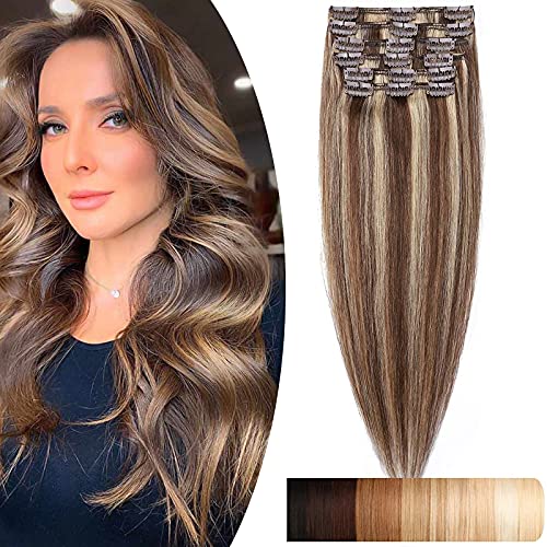 18"(45cm) SEGO Extensiones de Clip de Pelo Natural 8 Piezas [#4/27 Castaño Medio/Rubio Oscuro] Cabello Humano Liso 100% Remy Human Hair Balayage (80g)