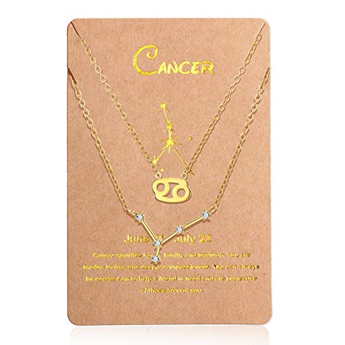 2 Collares de Colagnte de Signo de Zodiaco Collar de Cadena de 12 Constelaciones Collares de Cristal con Signo de Horóscopo Astrología de Oro Plata con Tarjeta de Constelación (Cáncer)