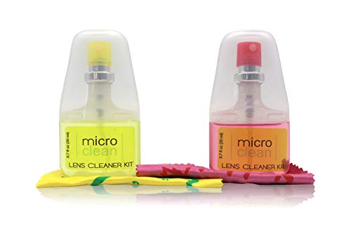 2 x Spray Limpia Gafas con Microfibra, Kit de Viaje y de Bolsillo, Limpiador Óptico Sin Alcohol y con Aroma, 2 x 20 ml (1 x Limón 1 x Fresa)