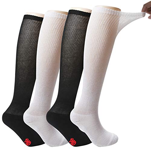 4 Pack Men’s Extra Wide Non-Binding Diabetic and Circulatory Bamboo Over The Knee Socks with Cushioned Sole 2Black2White13-15