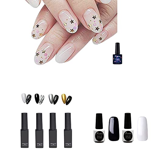 4 piezas (negro, oro blanco, plata) 8 ml diseños clásicos de bricolaje en 3D, pintura, dibujo, esmalte de gel UV LED, esmalte + 10 ml, color de proteína lechosa transparente + 7,3 ml, blanco y negro