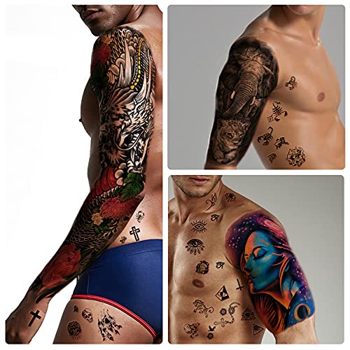 46 hojas grandes de tatuajes temporales de manga de brazo completo para hombres y mujeres, pegatinas de tatuajes falsos impermeables de flores de animales en el hombro del antebrazo para adolescentes