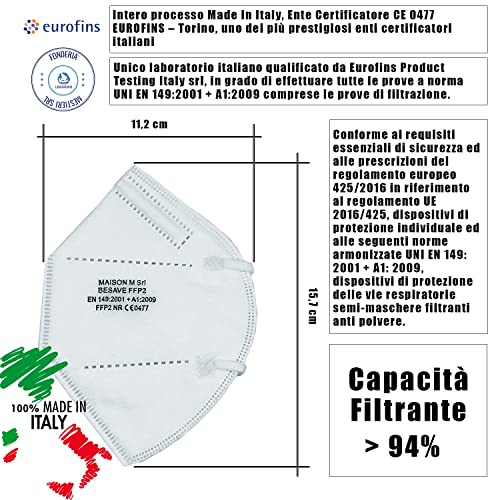 50 Mascarillas FFP2 / KN95 Homologadas de Certificación CE sin Válvula de 5 Capas, Máscara Protectora, Mascarilla de Protección Personal con Filtros de Calidad BFE≥95, 50 Piezas - Made in Italy