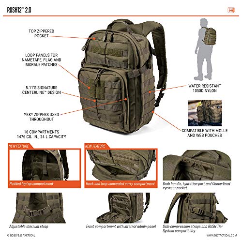 5.11 Mochila Táctica Rush 12 2.0 – Mochila Militar Molle, CCW Portación Oculta y Compartimento para Ordenador Portátil, 24 litros, Pequeña, Estilo 56561 – Color Canguro