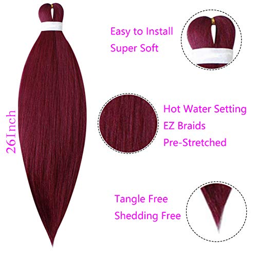 65cm Extensiones de Pelo Sintético para Trenzas Africanas Braiding Twist Crochet Hair EZ Trenzado Yaki Profesional Cabello Pre Stretched Braiding Hair Postizo 5 Piezas, Vino rojo