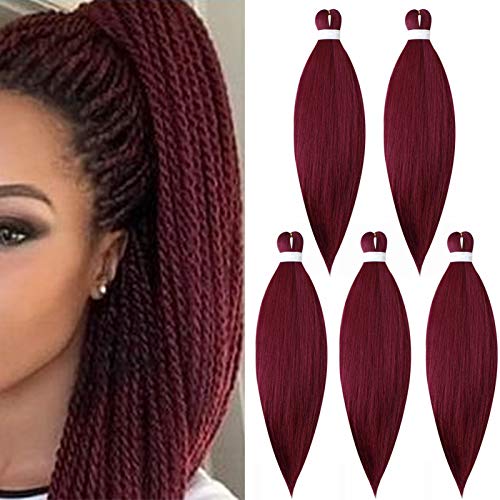 65cm Extensiones de Pelo Sintético para Trenzas Africanas Braiding Twist Crochet Hair EZ Trenzado Yaki Profesional Cabello Pre Stretched Braiding Hair Postizo 5 Piezas, Vino rojo