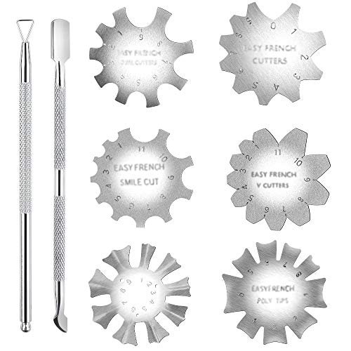 6pcs Cortador de Borde Manicura, Francesas Cortadores de Uñas Plantillas, Cortador de Uñas con Levantador de Cutícula y Removedor de Cutícula de Acero Inoxidable 11 Tamaños (Plata)