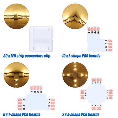 77 Pcs Kit de Conector de Tira de LED 4 Pines RGB 5050, Kits de Conectores de Tiras LED sin Soldadura con Conector Clips de 4 Pines LED, Conector de PCB Forma de L T y X,Contiene 4 Pin Conector