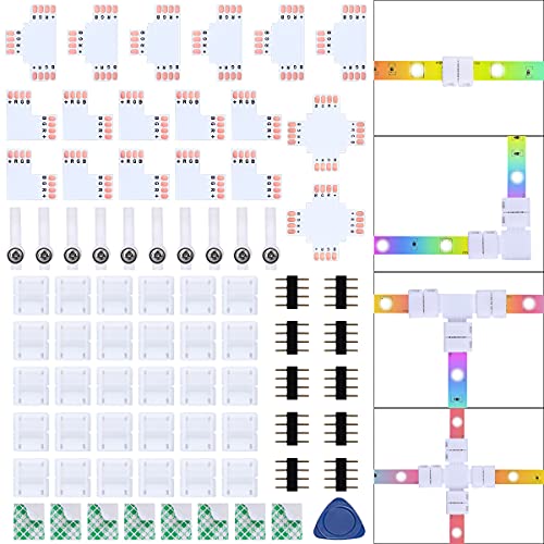 77 Pcs Kit de Conector de Tira de LED 4 Pines RGB 5050, Kits de Conectores de Tiras LED sin Soldadura con Conector Clips de 4 Pines LED, Conector de PCB Forma de L T y X,Contiene 4 Pin Conector