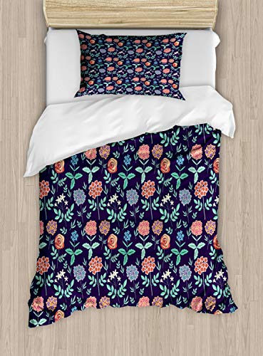 ABAKUHAUS Flor Funda Nórdica, Primavera follaje Jazmines, Decorativo 2 Piezas con 1 Funda de Almohada, 130 x 200 cm - 70 x 50 cm, Multicolor