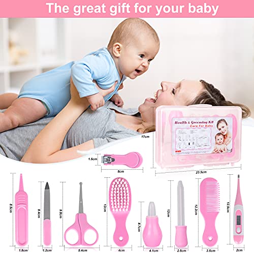 Accesorios Bebe Recien Nacido Set para Cuidado del Bebé, 9 Piezas Kit de Aseo para Bebés, Kit Cuidado Higiénico Personal para el Hogar y de Viaje, Ideal para Recién Nacido, Niña y Niño(rosado)