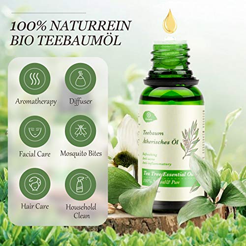 Aceite Árbol del Té 100% Puro, OUKZON 2x30ML Natural Orgánico Aceites Esenciales Tea Tree - Bio Tratamiento de Acné para Cara y Cuerpo, Essential Oil para Difusor, Humidificador, Aromaterapia, Masaje