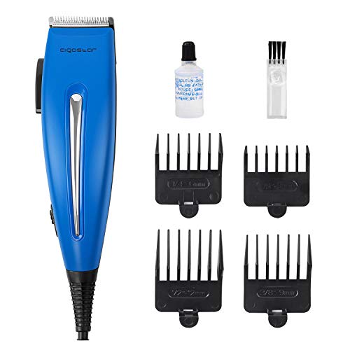 Aigostar - Cortapelos y barberos, cortapelos hombre incluye 4 peines guía y kit completo de mantenimiento, cortadora de pelo 15 W de potencia y 3 ajustes, cortapelos azul