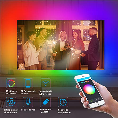 Alexa USB Tiras LED TV 3M, Luces de LED RGB inteligente Sync con Música, con Control App, 16 Millones Colores y 8 Modos Compatible con Alexa y Google Home, 5V 1A-1.5A para 40-60in HDTV/PC