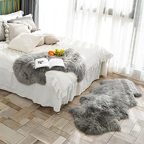 Alfombra de piel sintética de cordero gris de pelo largo, suave y mullida, para dormitorio, habitación de los niños, salón, comedor, silla (155 x 65 cm)