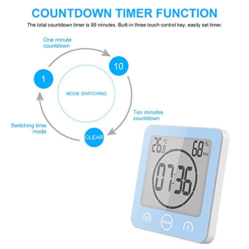 ALLOMN Reloj de Baño, LCD Reloj de Ducha Digital Alarma Impermeable Control Táctil Hum / ℉ Temperatura Humedad, Temporizador de Cuenta Regresiva, 3 Métodos de Montaje, Energía de la Batería (Azul)
