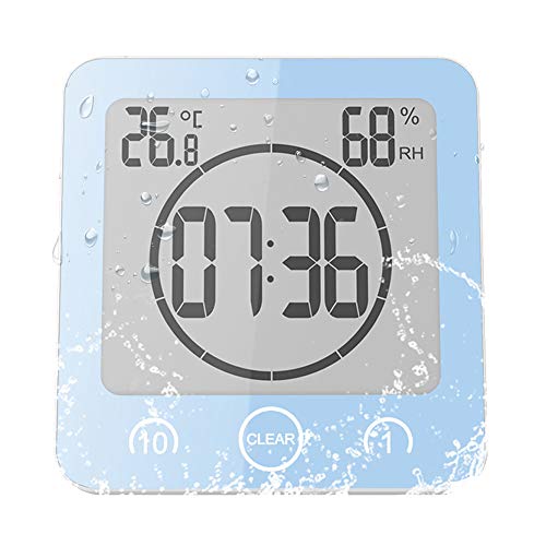 ALLOMN Reloj de Baño, LCD Reloj de Ducha Digital Alarma Impermeable Control Táctil Hum / ℉ Temperatura Humedad, Temporizador de Cuenta Regresiva, 3 Métodos de Montaje, Energía de la Batería (Azul)