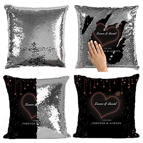 Almohada con Tapa de Lentejuelas Personalizada Nombre de la Almohada Impresión de Nombre y Fecha Cojín Aniversario para Mujeres(negro6)