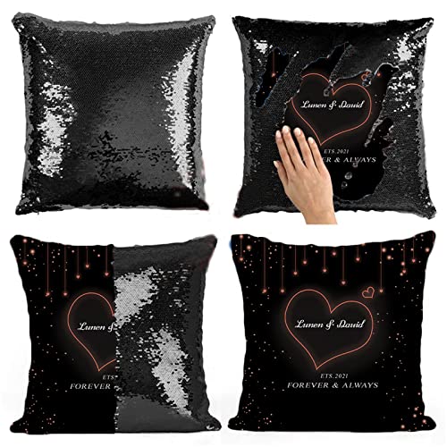 Almohada con Tapa de Lentejuelas Personalizada Nombre de la Almohada Impresión de Nombre y Fecha Cojín Aniversario para Mujeres(negro6)