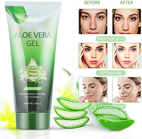 Aloe Vera Puro(Vitamina C, E) - 99% Planta Pura Hidratante Profundamente ＆ Reparador, After Sun Care, Hidratación de Piel Seca, Acné, Adecuado para Rostro, Cuerpo, Cabello, 200ml / 6.8 fl oz