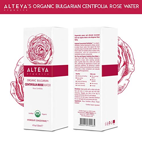 Alteya Organic Centifolia Rose Water Spray botella de vidrio de 120 ml - 100% orgánico certificado USDA auténtico puro rosa Centifolia flor vapor-destilada