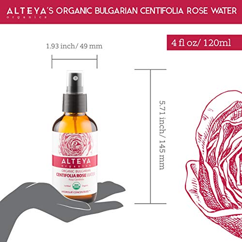 Alteya Organic Centifolia Rose Water Spray botella de vidrio de 120 ml - 100% orgánico certificado USDA auténtico puro rosa Centifolia flor vapor-destilada