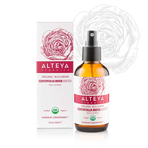 Alteya Organic Centifolia Rose Water Spray botella de vidrio de 120 ml - 100% orgánico certificado USDA auténtico puro rosa Centifolia flor vapor-destilada