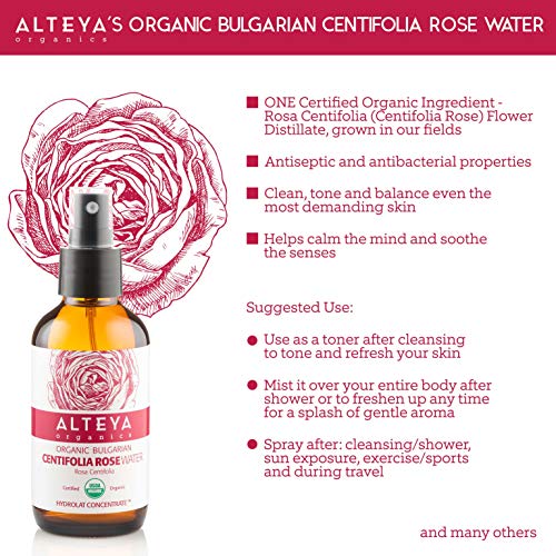 Alteya Organic Centifolia Rose Water Spray botella de vidrio de 120 ml - 100% orgánico certificado USDA auténtico puro rosa Centifolia flor vapor-destilada