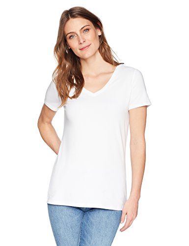 Amazon Essentials Camiseta de manga corta clásico con cuello en V, Mujer, Blanco (Blanco), S, pack de 2