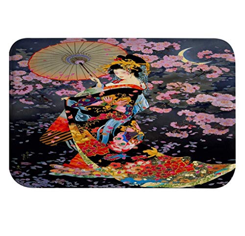 A.Monamour Antideslizante Absorbente Lavable Alfombra de Baño Mujer Japonesa Geisha Vintage Fondo Floral Mullido Franela Alfombrilla Tapete Moqueta para Baño Bañera Ducha Cocina Salón Dormitorio