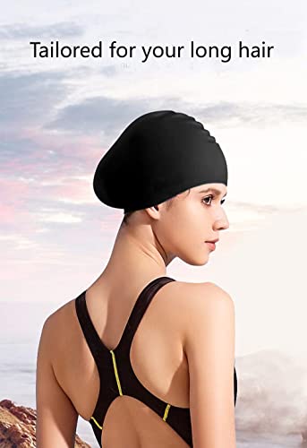 Ancaiqi Gorro Piscina,Gorro de Natacion tela de nailon de Silicona Impermeable Pelo Largo Dreadlocks de con un par de tapones para los oídos con clip nasal para Mujer y Hombre(Silikon-Schwarz groß)