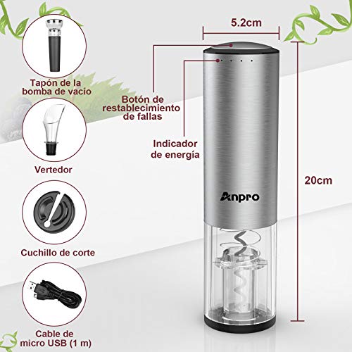 Anpro Sacacorchos Eléctrico Recargable,Sacacorchos Vino Profesional,Sacacorchos Automatico para Botellas,Abridor Botellas de Vino,Regalo Hombre de Navidad,Cumpleaños