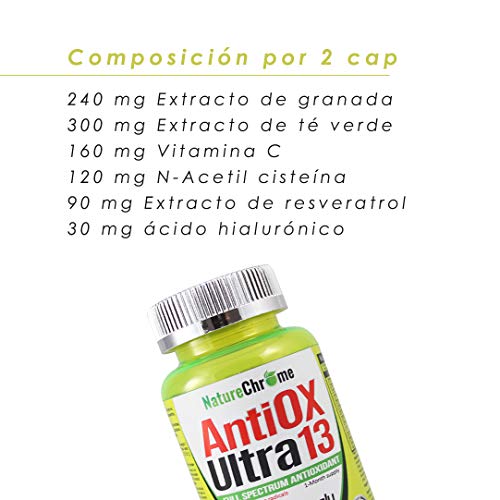 Antioxidante potente con fórmula mejorada. Mezcla 13 ingredientes antioxidantes naturales. Con coenzima Q10, ácido hialurónico, vitamina C, extracto de té verde, entre otros. Envase de 60 cápsulas.