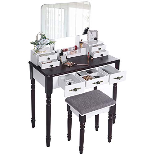 ANWBROAD Tocador Mesa de Maquillaje Belleza Tocador con taburete y espejo de niñas Espejo sin Marco Taburete de Madera de Goma, con 7 cajones, 3 divisores para Dormitorio Vestidor BDT03WZ