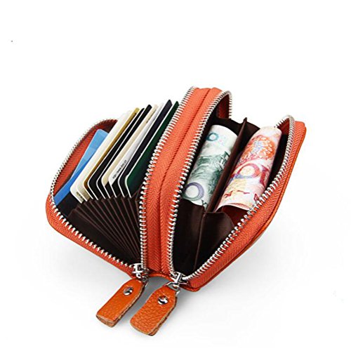 AprinCtempsD RFID Cartera Tarjeteros Piel Genuino Monedero Pequeñas Portatarjetas Mini Cremallera para Mujer Hombre (Naranja)